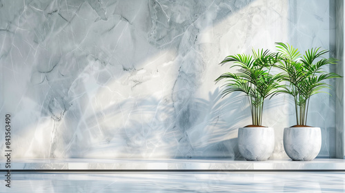 Plants in pots in modern interior with marble wall. 3d rendering