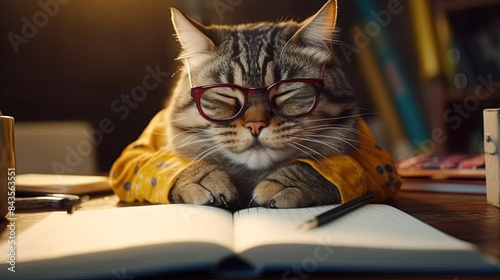 tired cat wearing spectacles writing on list with qui