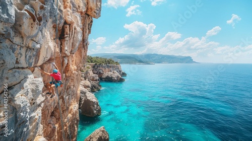 An adventurous rock climber scaling a vibrant, rocky cliff face above the crystal-clear turquoise sea on a sunny day.