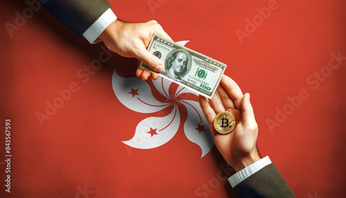 Exchanging traditional dollars for Bitcoin on Hong kong flag background, symbolizing the shift to digital currency in the modern financial world