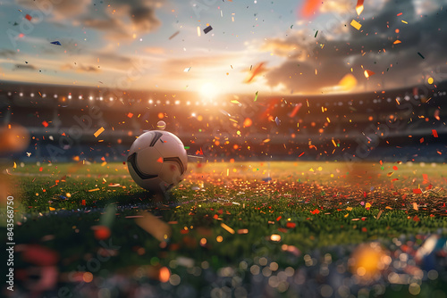 Fussball mit Konfetti im Stadion bei Sonnenuntergang