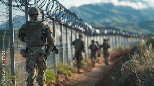 Soldiers patrolling the border with a barbed wire fence.