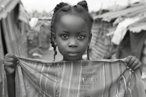 A young girl with braids holds a banner in a poor, underdeveloped urban area