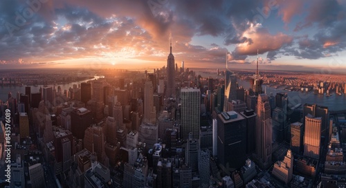 New York City skyline in a panoramic view of Manhattan at sunset.