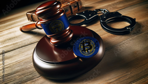 Legal implications of Bitcoin: A gavel, handcuffs, and Bitcoin symbol under the Nebraska flag, highlighting regulatory challenges