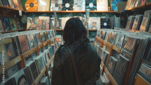 A woman in a music store, browsing through vinyl records, 8k, HD