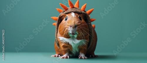A guinea pig wearing a spiky orange costume, looking directly at the camera.