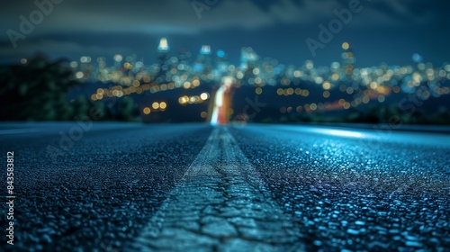 Photograph of the paved road going into the city at night. Focus on a specific point
