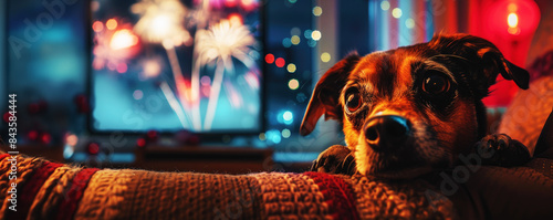 Scared dog of New Year's Eve fireworks. Animal firework anxiety concept with copy space.