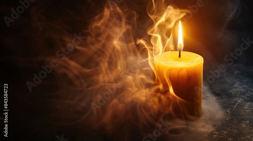 Candle tribute, RIP symbol, dark glow, flame realism, smoke, melting wax, dynamic lighting