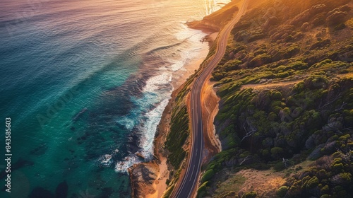 Aerial photograph of the Great Ocean Road at sunset, Victoria, Australia.
