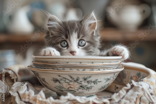 A tiny grey and white kitten curled up inside a delicate porcelain teacup with floral patterns. The kitten is peeking over the rim with wide, blue eyes