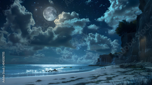 A beach with cliffs on the right side. night sky with moon and clouds. wide shot 