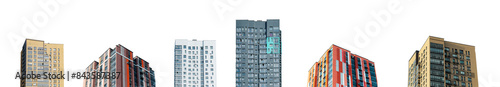 High rise residential buildings isolated on white background. Modern urban architecture for real estate and investment themes. Showcasing new construction and cityscape views., cutout transparent PNG