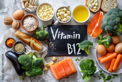 Assortment of Foods Rich in Vitamin B12 on a White Wooden Table, Featuring a Blackboard with the Text 'Vitamin B12' - Nutritional Awareness and Healthy Diet Concept, Top View