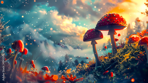 A beautiful landscape with two red mushrooms and a field of flowers. The sky is cloudy and the sun is shining through the clouds
