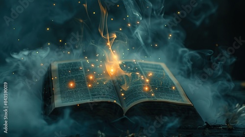 Aged book of magic open emitting magical sparks and smoke,evoking an ancient and fantastical library