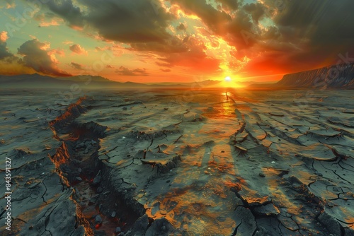 An arid landscape with deep cracks in the ground, likely caused by climate change, is illuminated by a dramatic sunset
