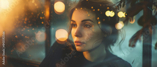 A young woman looks out a window under soft evening lights, with reflections casting warm, dreamy patterns on the glass.