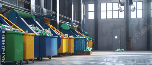 A clean recycling facility interior shows colorful bins organized neatly under bright sunlight, highlighting an efficient and orderly waste management system.