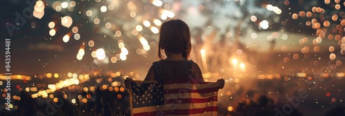 Young child holding American flag during sunset - Surrounded by twilight and nature, a young child gazes at fireworks while clutching the American flag