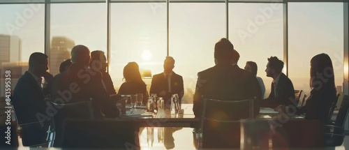 In a high-rise conference room, a diverse group of business professionals conduct a meeting while the sun sets behind the city skyline.