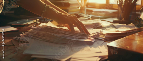 A hand sifts through a stack of papers on a sun-drenched desk, epitomizing dedication, hard work, and the pursuit of knowledge.