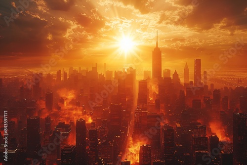 A fiery sunset over a city skyline, showcasing the intense heat of a heatwave