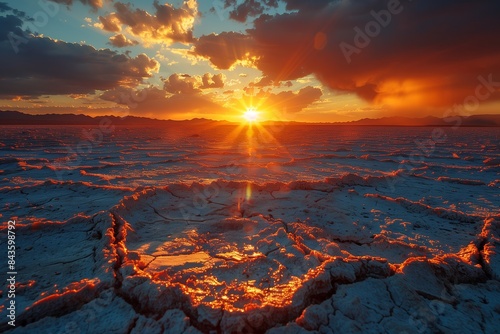 A dramatic sunset paints the sky in vibrant hues of orange and red, casting a warm glow over a cracked salt flat in a desolate landscape
