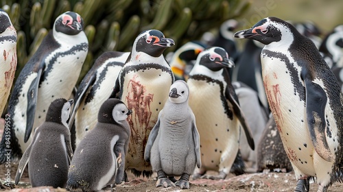 Magellanic penguins and their young in the Punta Tombo penguin colony. Generative Ai