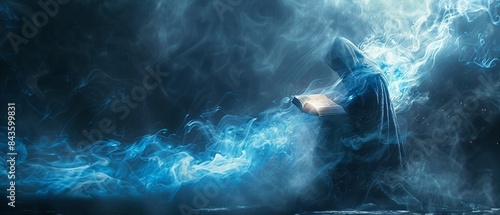 Wizardlike figure with a glowing book, surrounded by blue mystical smoke, creating a magical scene, Fantasy, Deep blues, Photorealistic 8K , high-resolution, ultra HD,up32K HD