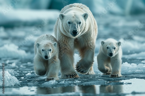 A mother polar bear leads her two cubs across a frozen Arctic landscape