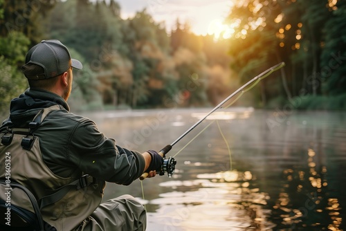 A man fly fishing in a scenic river at sunset. This image captures the excitement of the sport and the peacefulness of nature.