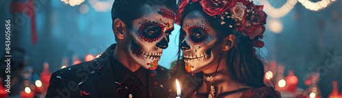 Skeletonfaced couple holding candles, floral crown and formal wear, dark and mystical setting, Day of the Dead theme, Realistic, Soft lighting 8K , high-resolution, ultra HD,up32K HD