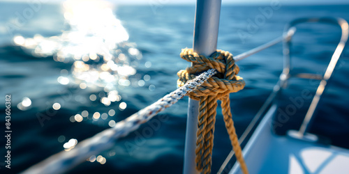 A closeup of the rope and cinch eye on a boat, with white lines in front of a dark blue water background.