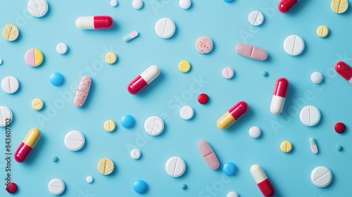 Colorful medication pills for therapy on blue backdrop containing vitamins minerals and nutrients
