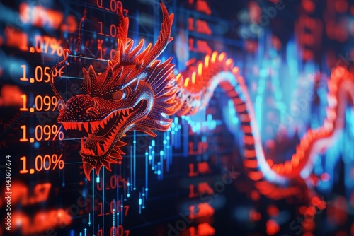 China stock market price graph display. Dragon as background means China economy concept. Stock market graph showing up trend economy. Red text price ticker board. Success in China business