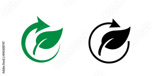 Green leaf and arrow icons for biodegradable recyclable organic bio package, vector labels. Biodegradable eco safe, recyclable and bio degradable package stamps