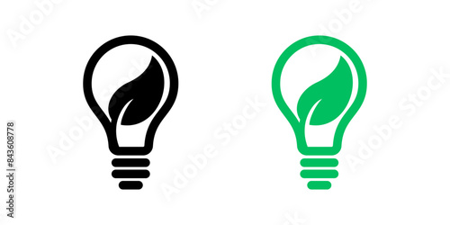 Lightbulb and leaf icons for green energy and eco environment, vector symbols. Leaf and light bulb lamp icons, recyclable or reusable and ecology conservation signs