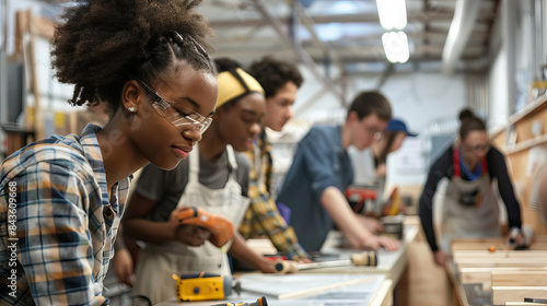 a diverse group of young people in a modern workshop, engaging in hands-on activities such as woodworking, showcasing the development of practical skills and innovation on World Youth Skills Day.