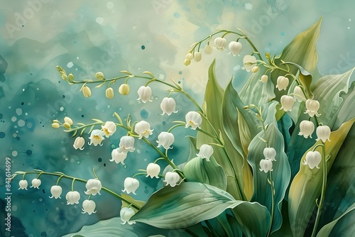 Exquisite Lily of the Valley Botanical Watercolor Painting with Muted yet Luminous Color Palette and Impressionistic Influences