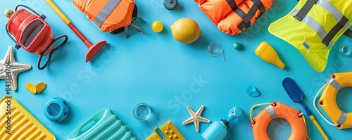 Flat lay design of summer safety tips with fan, cooling towel, and heatwave precautions