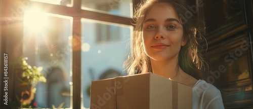 31052304 16 Young woman receiving a delivery from a courier at her apartment door, sharp picture 8K