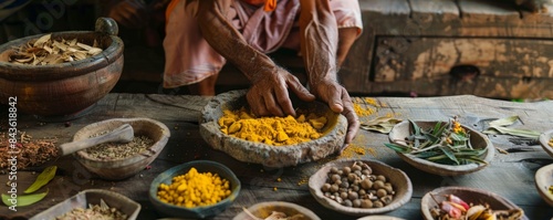 man preparing spices and medicinal herbs.