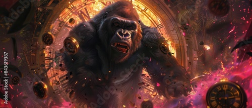 A gorilla roaring in a futuristic jungle with melting clocks