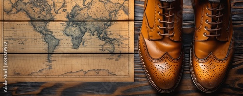 Classic shoes on wooden map background