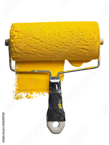 Close-up of a paint roller with vibrant yellow paint. Perfect for construction, renovation, isolated white background, transparent background.