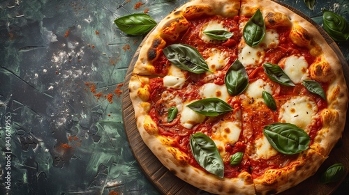 Freshly Baked Margherita Pizza with Basil and Mozzarella on Rustic Wooden Board 