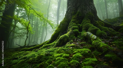 enchanting tree trunk with lush green moss in misty forest fantasy landscape
