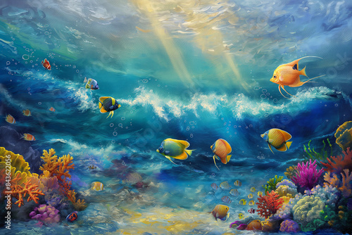 coral reef with fish and coral, Immerse yourself in the vibrant and dynamic world of marine life with this captivating painting featuring colorful fish and rolling waves